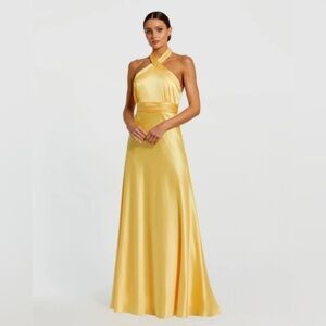 Satin Halter Crisscross Evening Gown in Yellow
